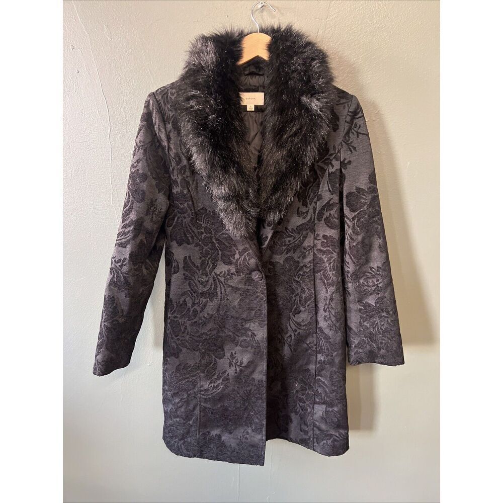 Jacquard Tapestry Winter Dress Coat Damask Floral Optional Faux-Fur Collar S